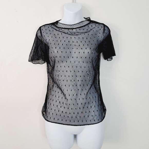 Unbranded Black Sheer Short Sleeve Swiss Dot Diamond Top‎ - Picture 6 of 6